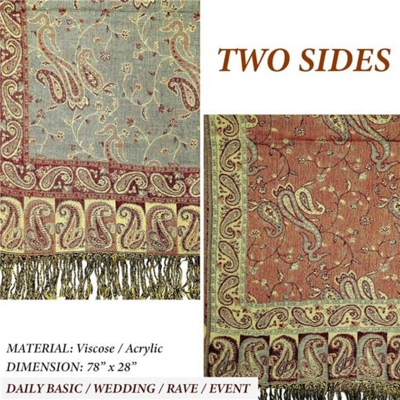 Soft Silky Reversible Paisley Pashmina Shawl Wrap Scarf - Picture 6 of 6